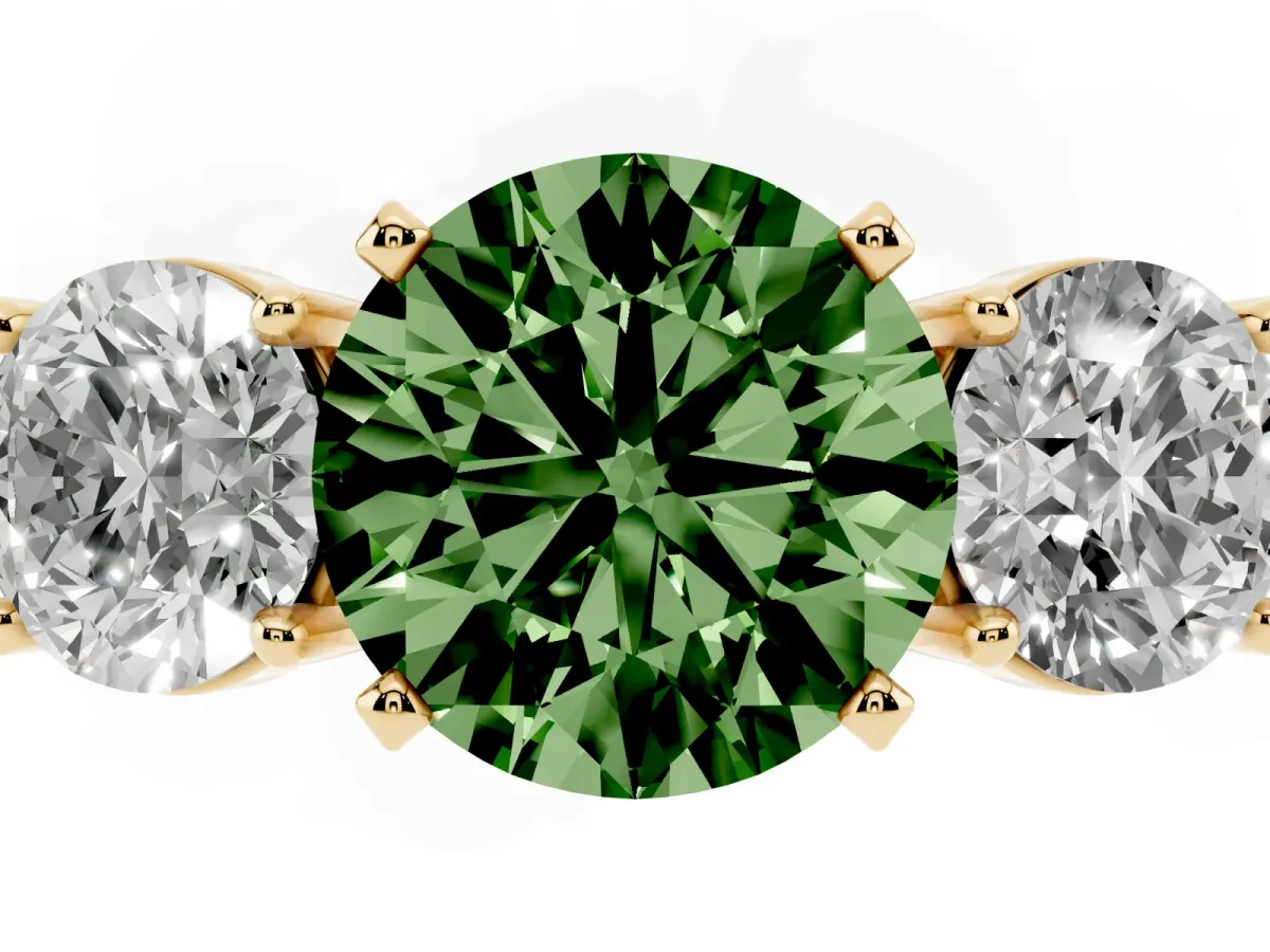 Fancy Green Three-Stone Round Cut Diamond Ring with Round Side Stones, Classic Band, and Four-Prong Setting Yellow gold