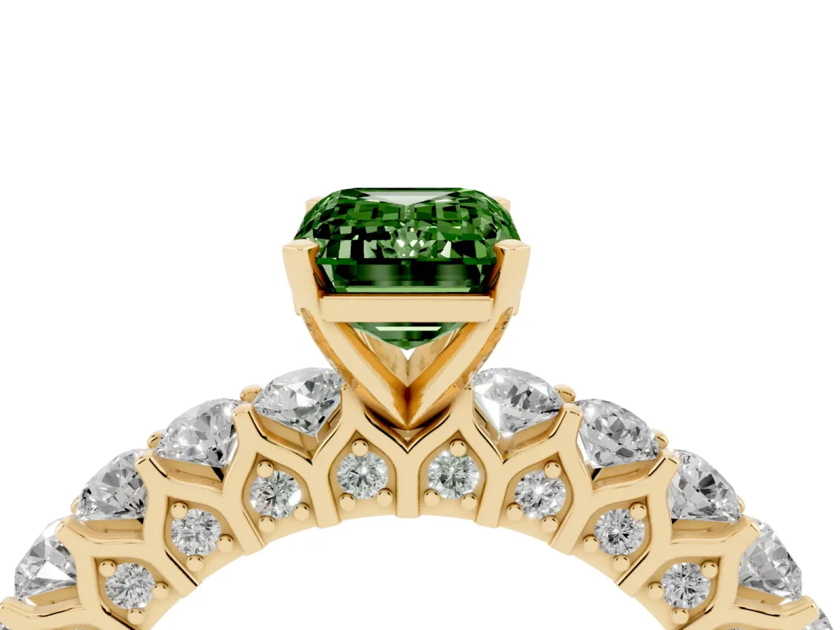 Fancy Green Emerald Cut Diamond Solitaire Ring with Shared Prong Pavé Band and Four-Prong Setting Yellow gold