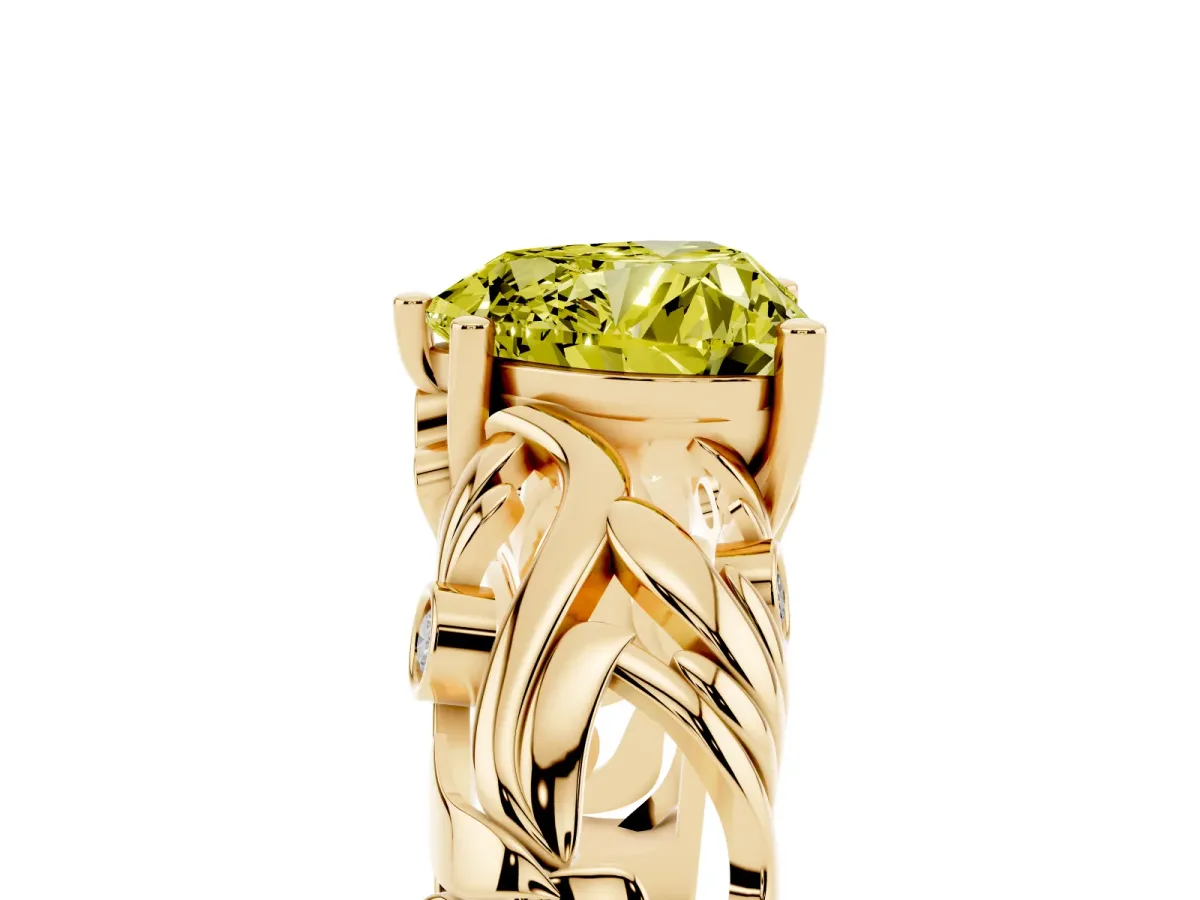 Fancy Yellow Heart Cut Solitaire Diamond Leaf-Inspired Vine Band Ring with Prong Setting Yellow gold