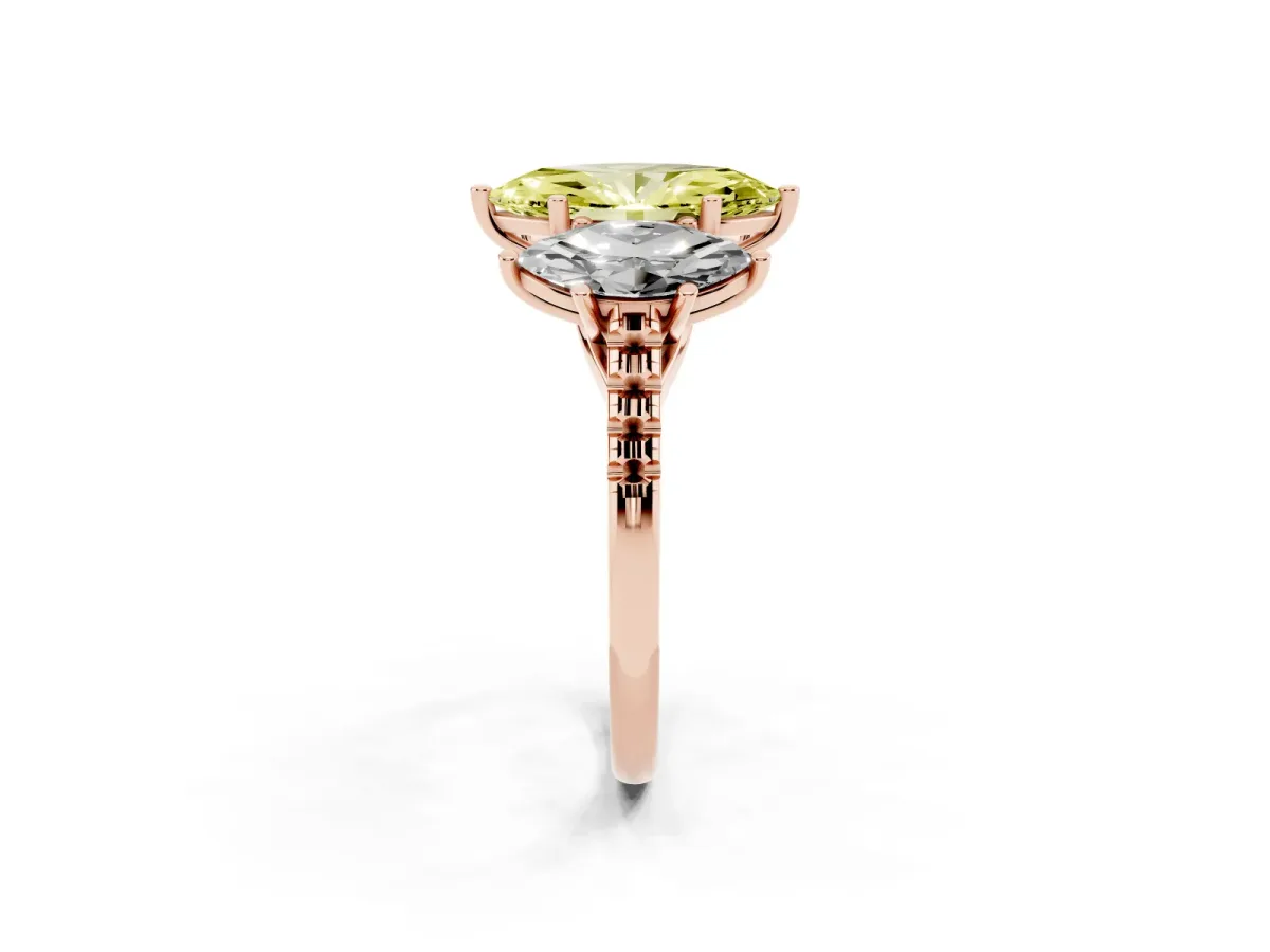 Fancy Yellow Three-Stone Marquise Cut Diamond Ring with Round Pavé Band and Prong Setting Rose gold