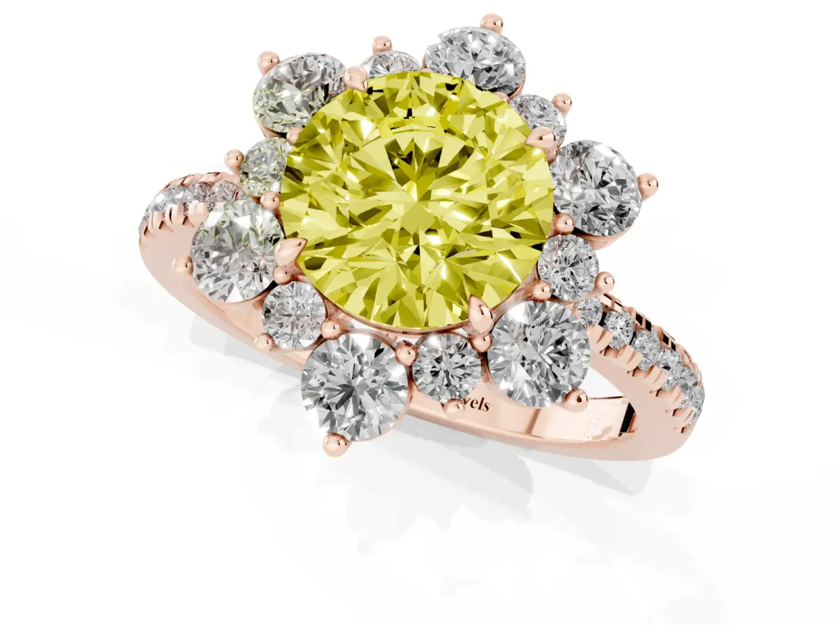 Fancy Yellow Round Cut Diamond Floral Halo Ring with Round Pavé Band and Prong Setting Rose gold