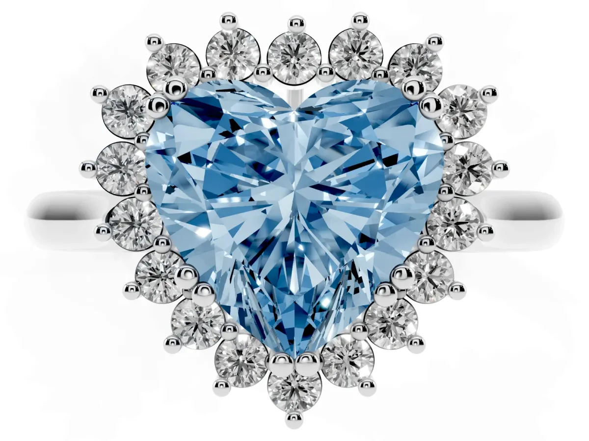 Fancy Blue Heart Cut Cut Diamond Halo Ring with Solitaire Band and Prong Setting Platinum