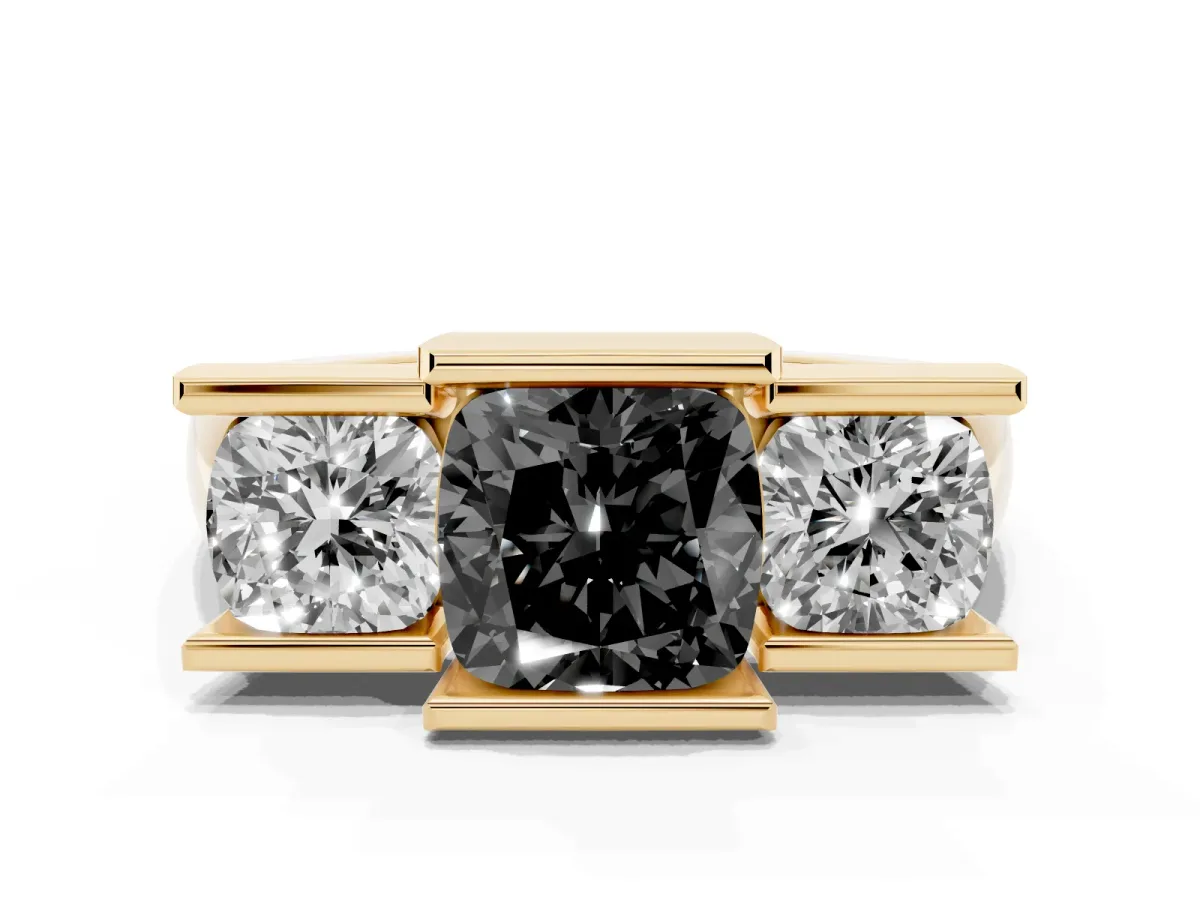 Fancy Black Three Stone Cushion Cut Cut Channel Set Diamond Ring Yellow gold