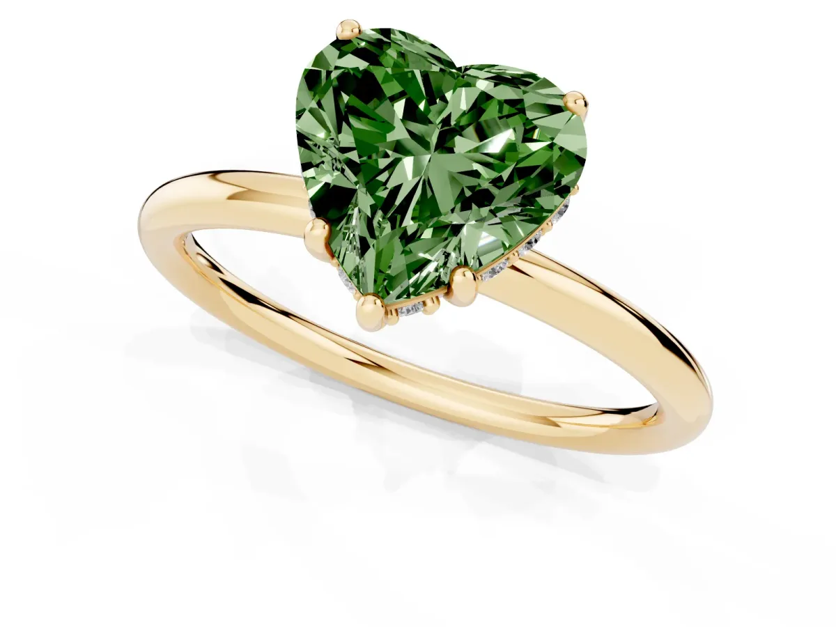 Fancy Green Heart Cut Solitaire Diamond Ring with a Classic Band and Four-Prong Setting Yellow gold