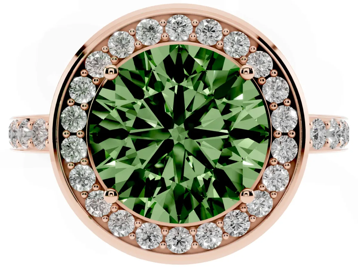 Fancy Green Round Cut Diamond Halo Ring with Bezel Frame and Pavé Band Rose gold