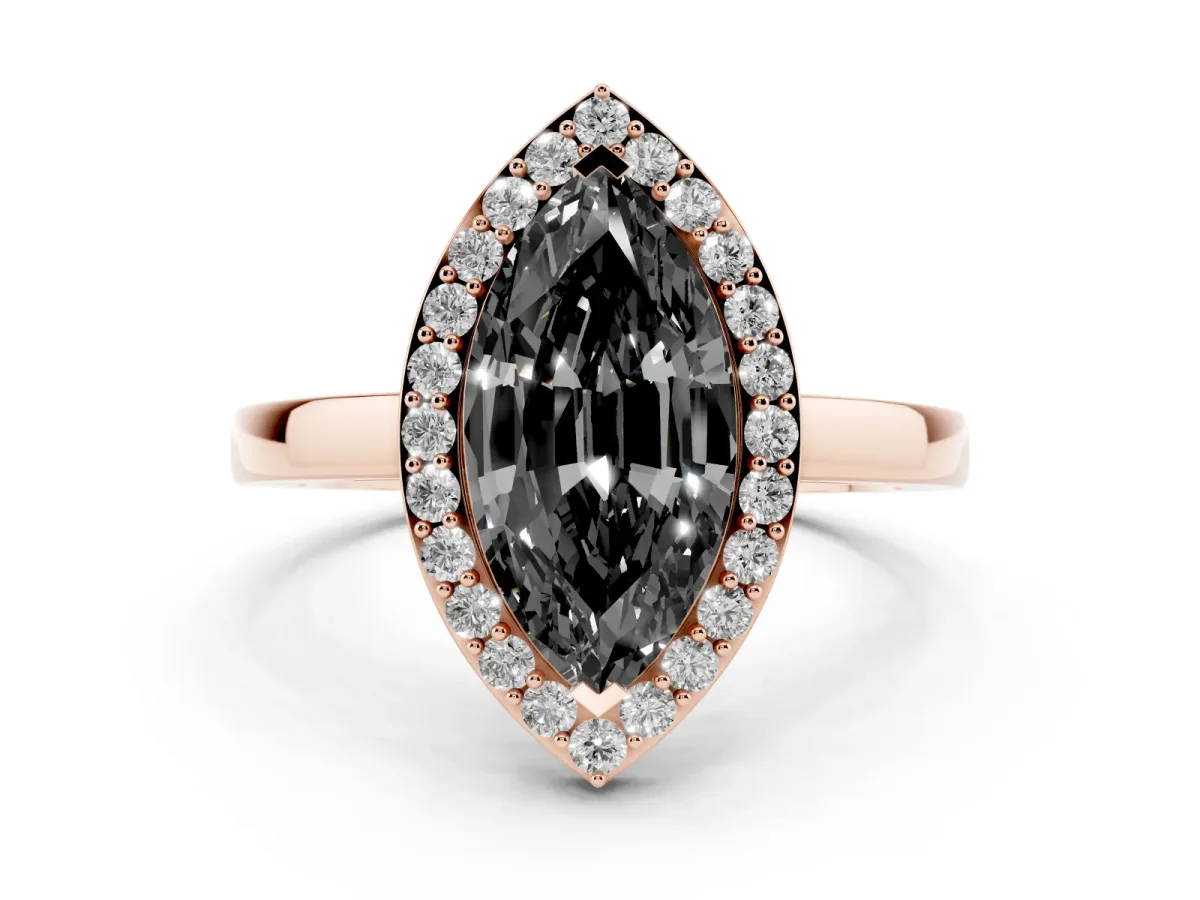 Fancy Black Marquise Cut Halo Diamond Ring with Solitaire Band and Prong Setting Rose gold