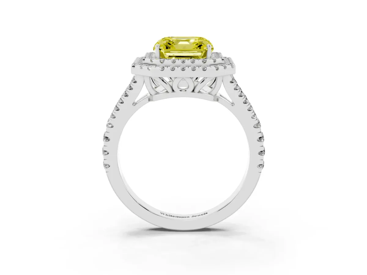 Fancy Yellow Asscher Cut Diamond Double Halo Ring with Pavé Band and Prong Setting Platinum