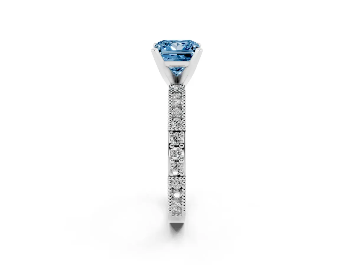 Fancy Blue Princess Cut Solitaire with Pavé Band and Four-Prong Setting Silver