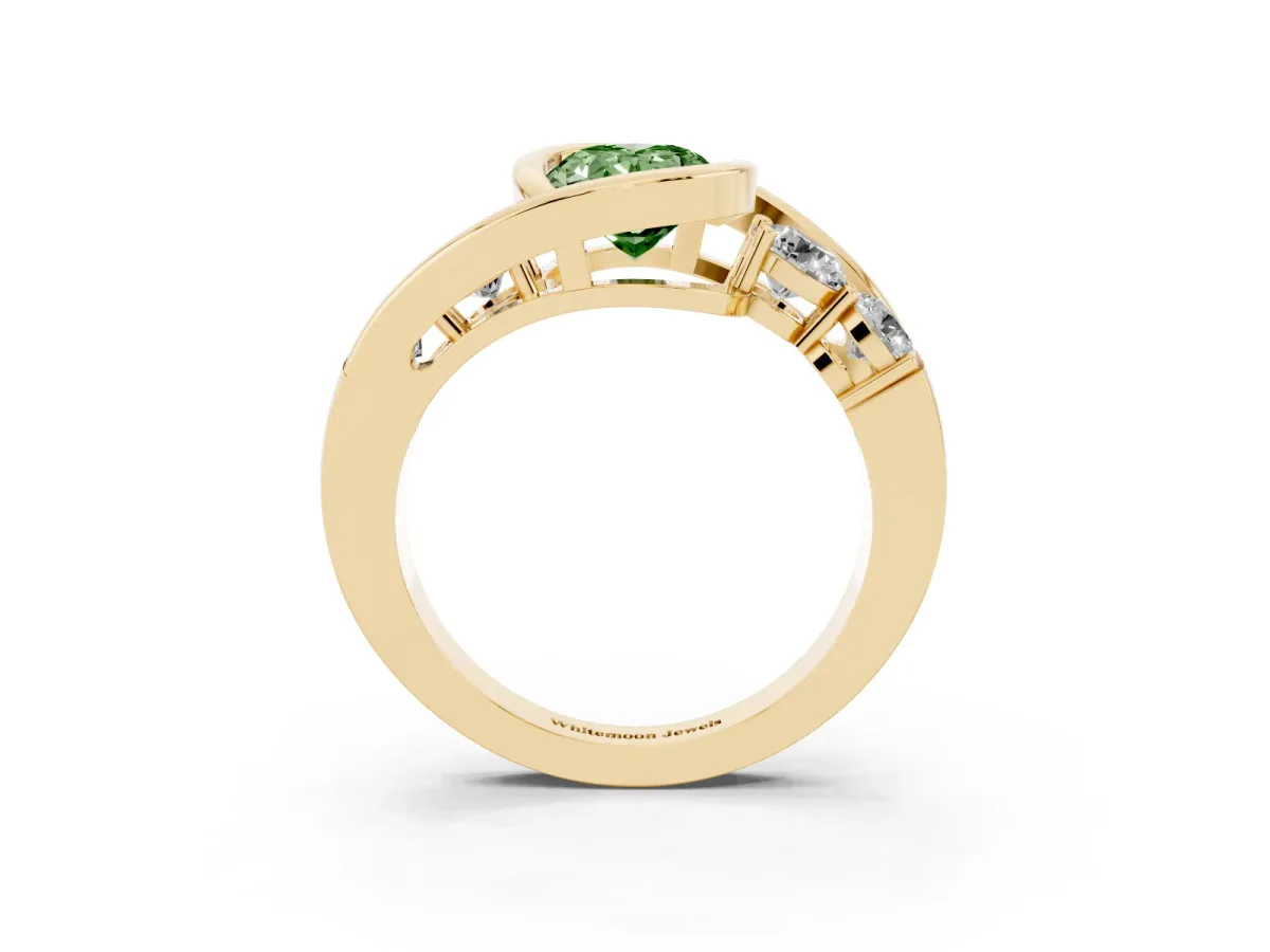 Fancy Green Bezel Set Oval Cut Diamond Bypass Ring with Round Accents Yellow gold