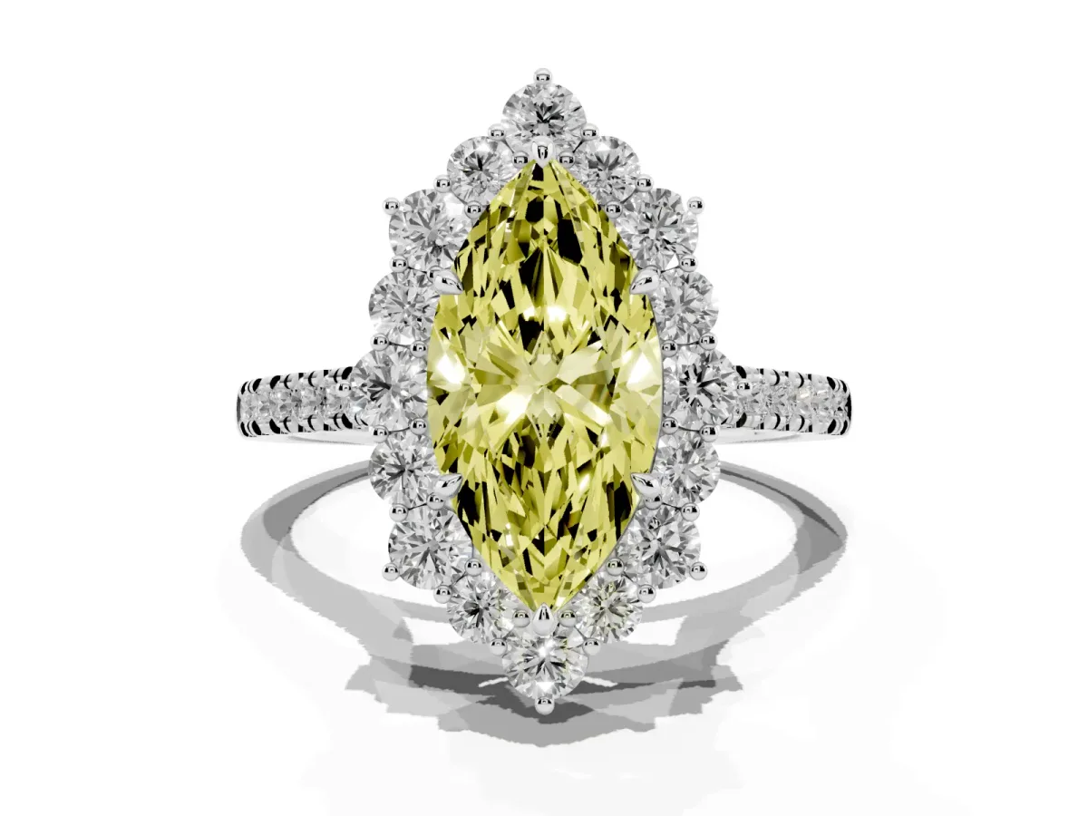 Fancy Yellow Marquise Cut Halo Diamond Ring with Pavé Band and Prong Setting White gold