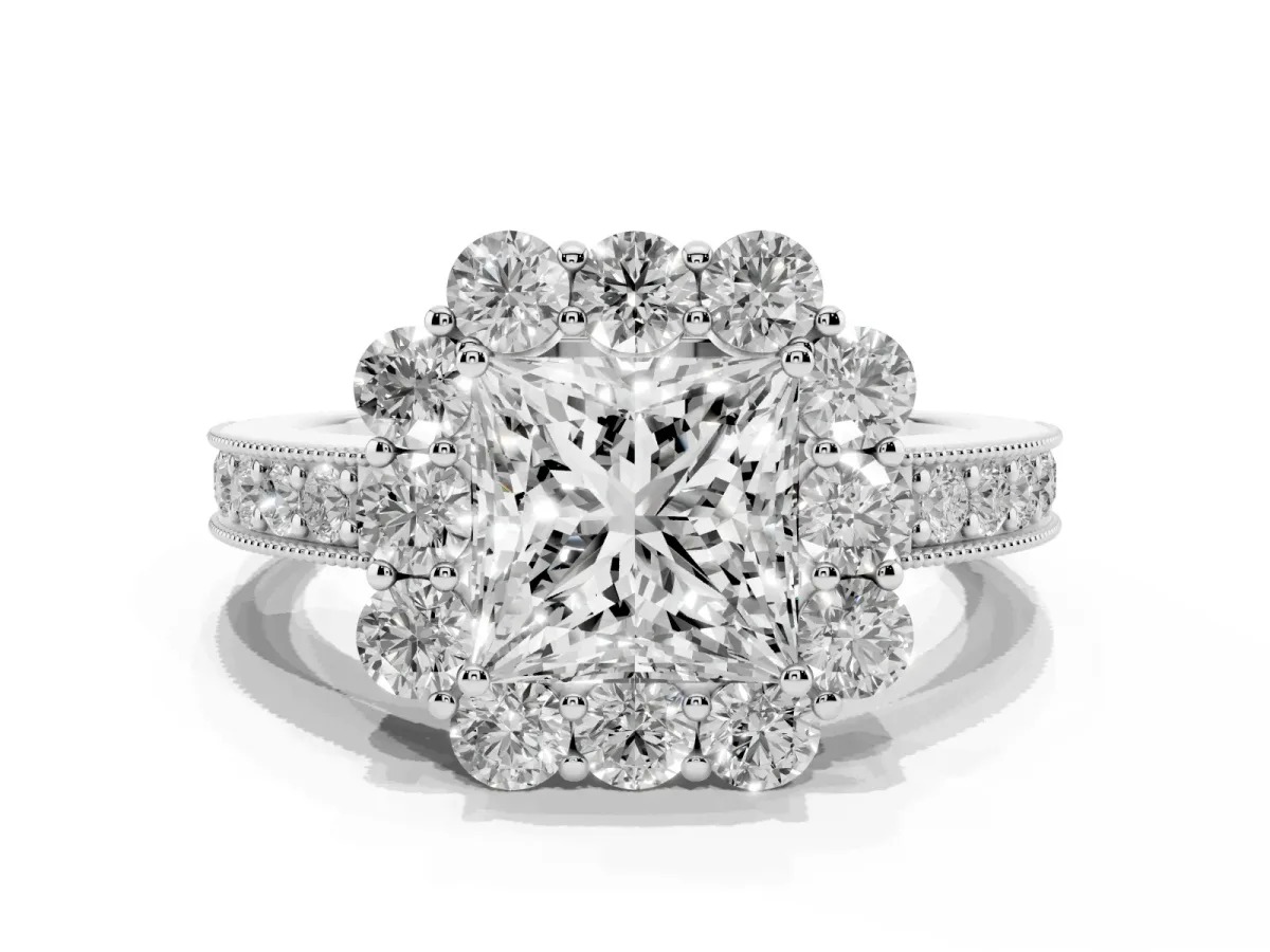 Princess Cut Cut Halo Diamond Pavé Engagement Ring with Milgrain Detailing Platinum