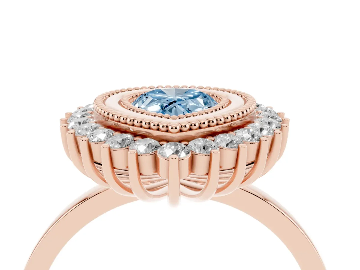 Fancy Blue Pear Cut Halo Diamond Ring with Milgrain Edge and Round Prong Setting Rose gold