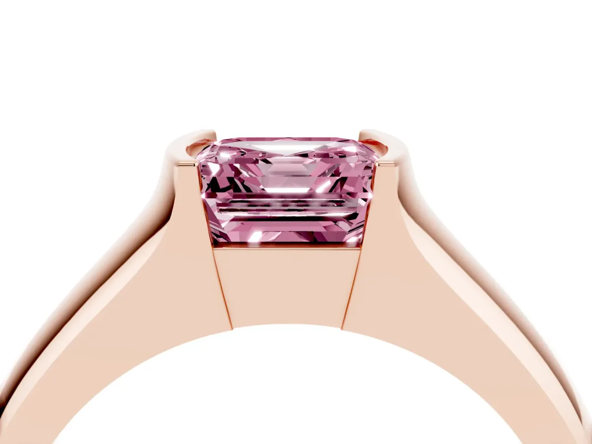 Fancy Pink Asscher Cut Solitaire Bezel Set Diamond Ring with Wide Band Rose gold