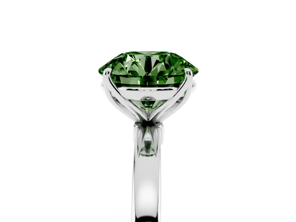 Fancy Green Round Cut Diamond Solitaire Ring with Thin Band and Prong Setting Platinum