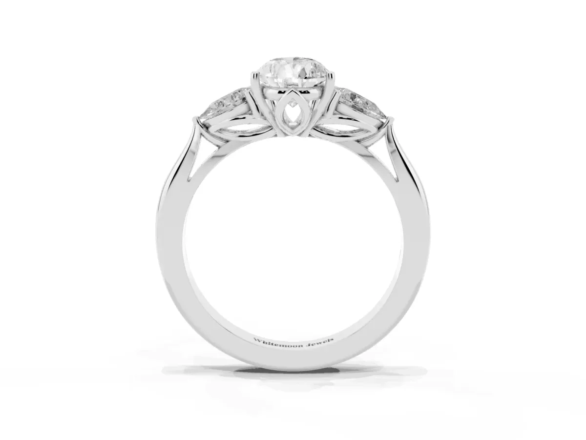 Pear Cut Diamond Three-Stone Ring with Pear Side Stones and Prong Setting Silver