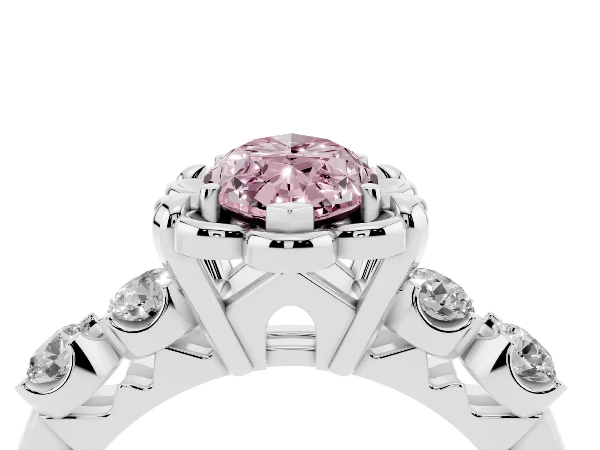 Fancy Pink Marquise Cut Cut Diamond Floral Halo Engagement Ring with Shared Prong Setting Platinum