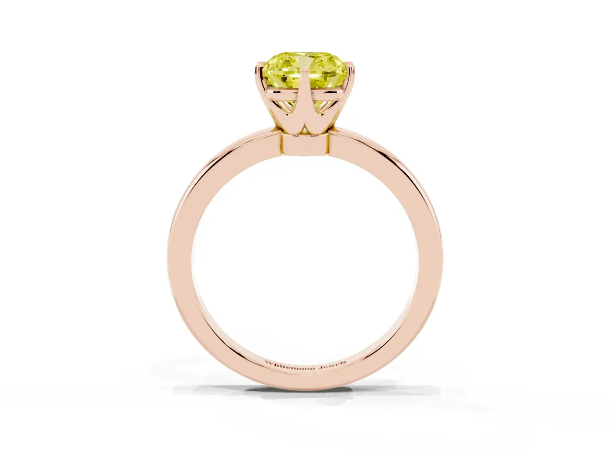 Fancy Yellow Cushion Cut Solitaire Diamond Ring with Six-Prong Setting on a Classic Band Rose gold
