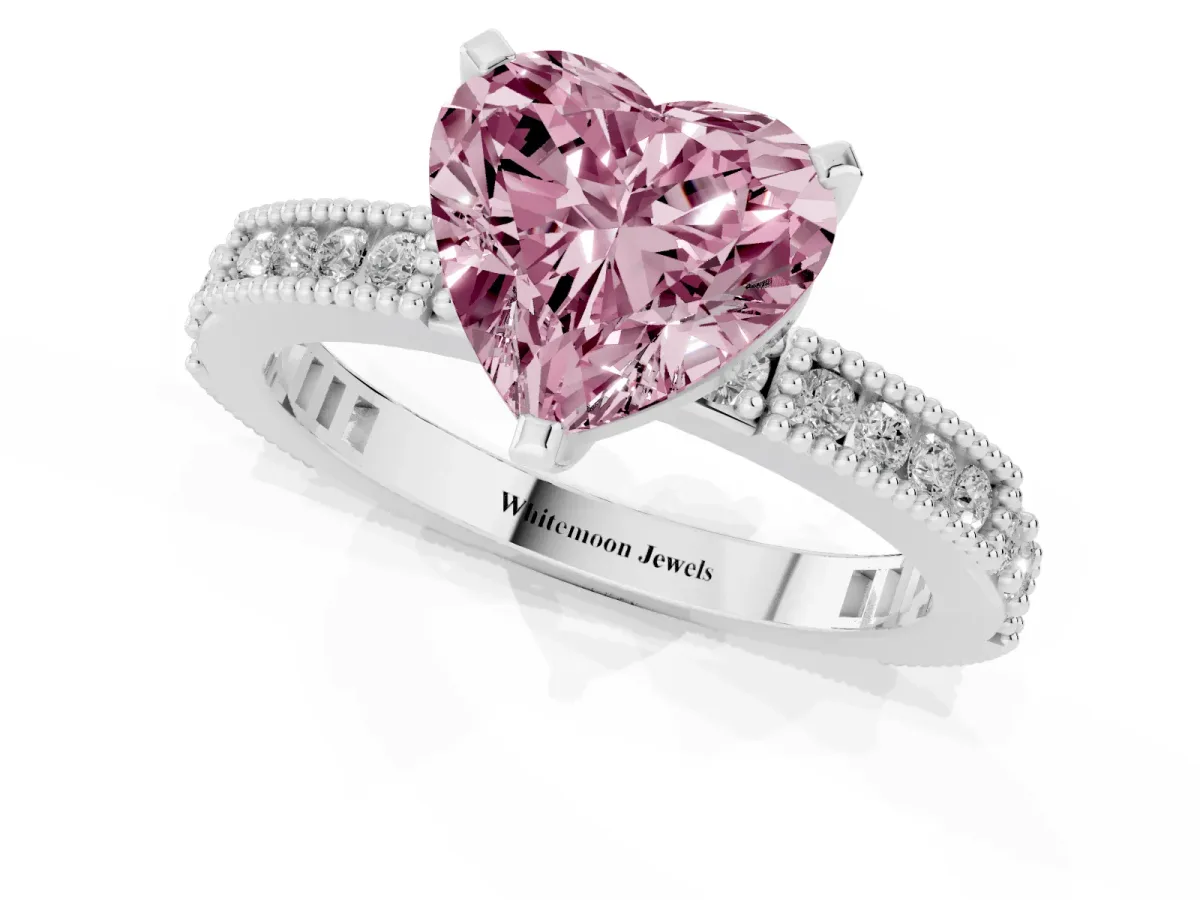 Fancy Pink Heart Cut Solitaire with Pavé Band and Four-Prong Setting Silver