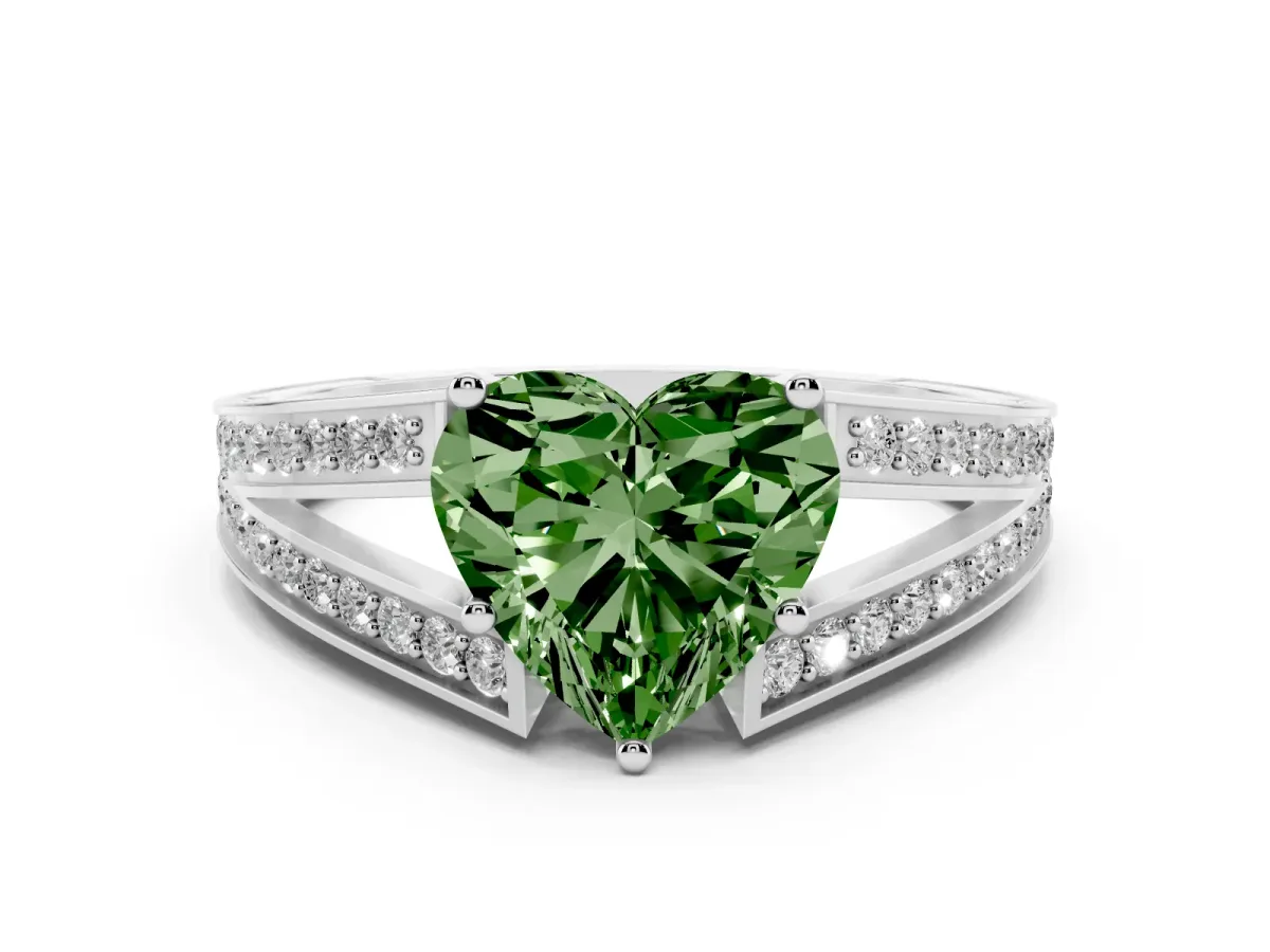 Fancy Green Heart Cut Diamond Split Shank Ring with Pavé Band and Four-Prong Setting Platinum