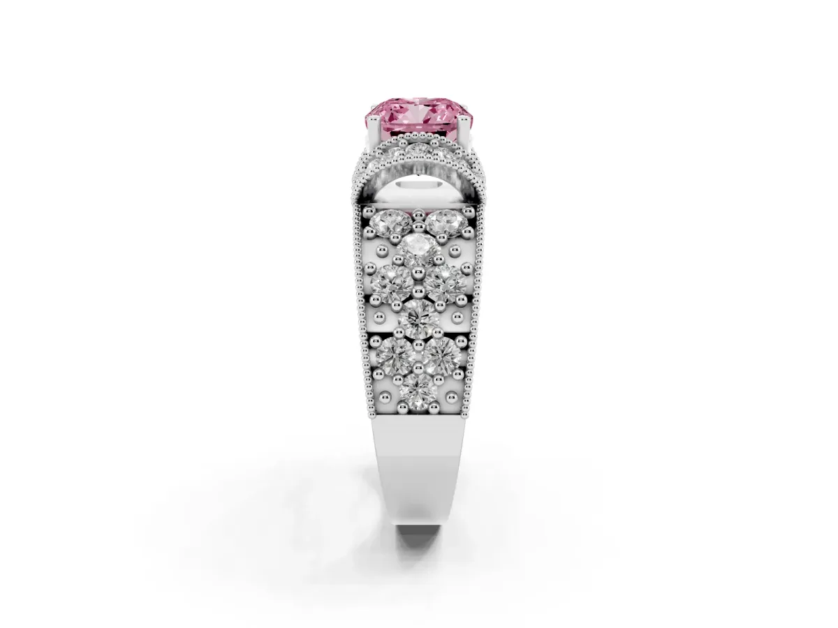 Fancy Pink Cushion Cut Halo Pave Diamond Engagement Ring with Milgrain Detailing Silver