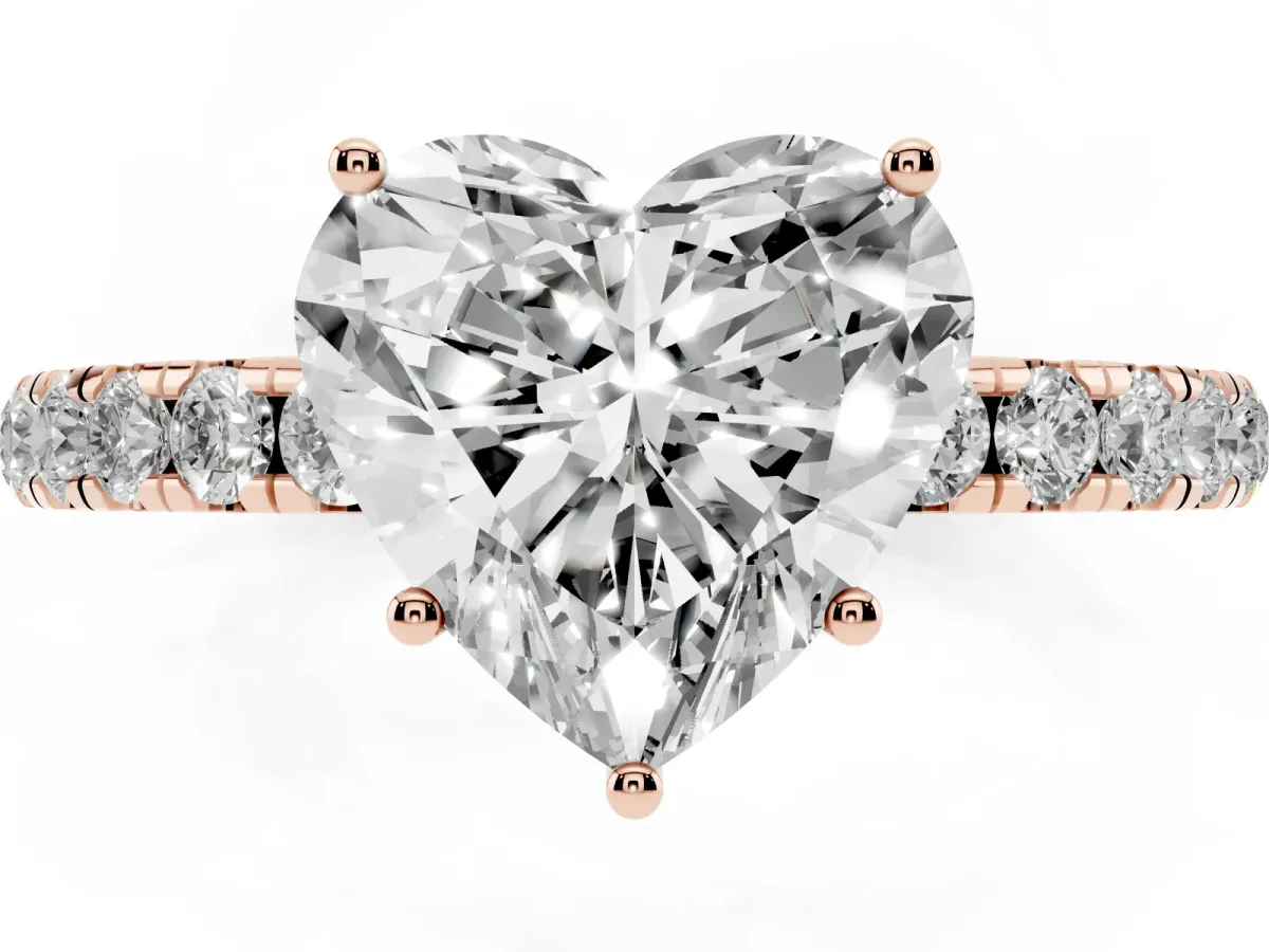 Heart Cut Diamond Pavé Solitaire Engagement Ring with Four-Prong Setting Rose gold