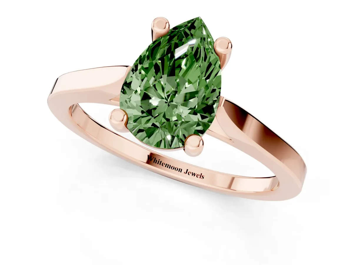 Fancy Green Pear Cut Solitaire Diamond Ring with Four-Prong Setting and Tapered Band Rose gold