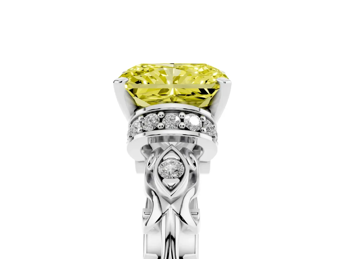 Fancy Yellow Radiant Cut Diamond Solitaire Ring with Filigree Band and Four-Prong Setting Silver