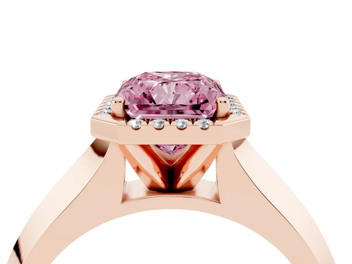 Fancy Pink Radiant Cut Halo Diamond Ring with Cathedral Band and Four-Prong Setting Rose gold