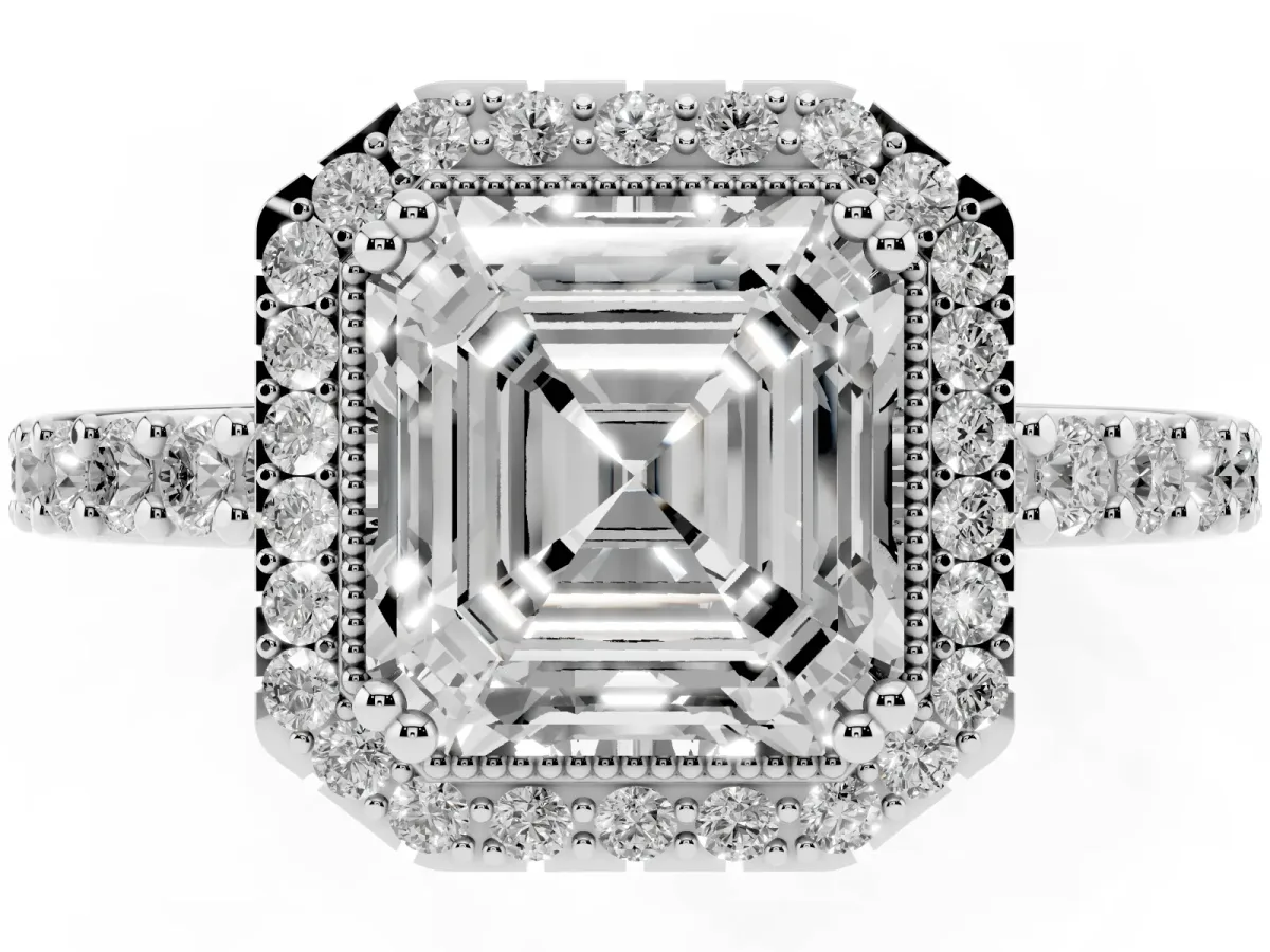 Asscher Cut Cut Diamond Halo Engagement Ring with Milgrain Detail and Pavé Band White gold