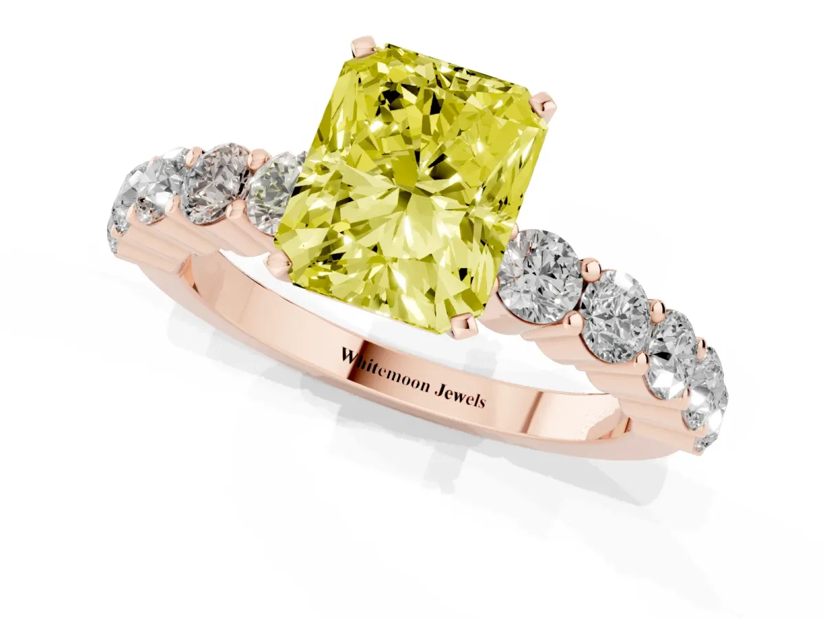 Fancy Yellow Radiant Cut Diamond Solitaire Ring with Shared Prong Round Side Stones Rose gold