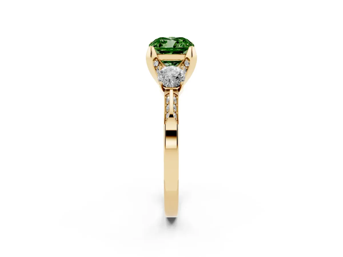 Fancy Green Cushion Cut Brilliant Three-Stone Diamond Ring with Pavé Band and Four-Prong Setting Yellow gold