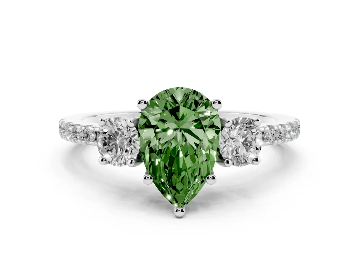 Fancy Green Three-Stone Pear Cut Cut Diamond Pavé Band with Prong Setting Platinum