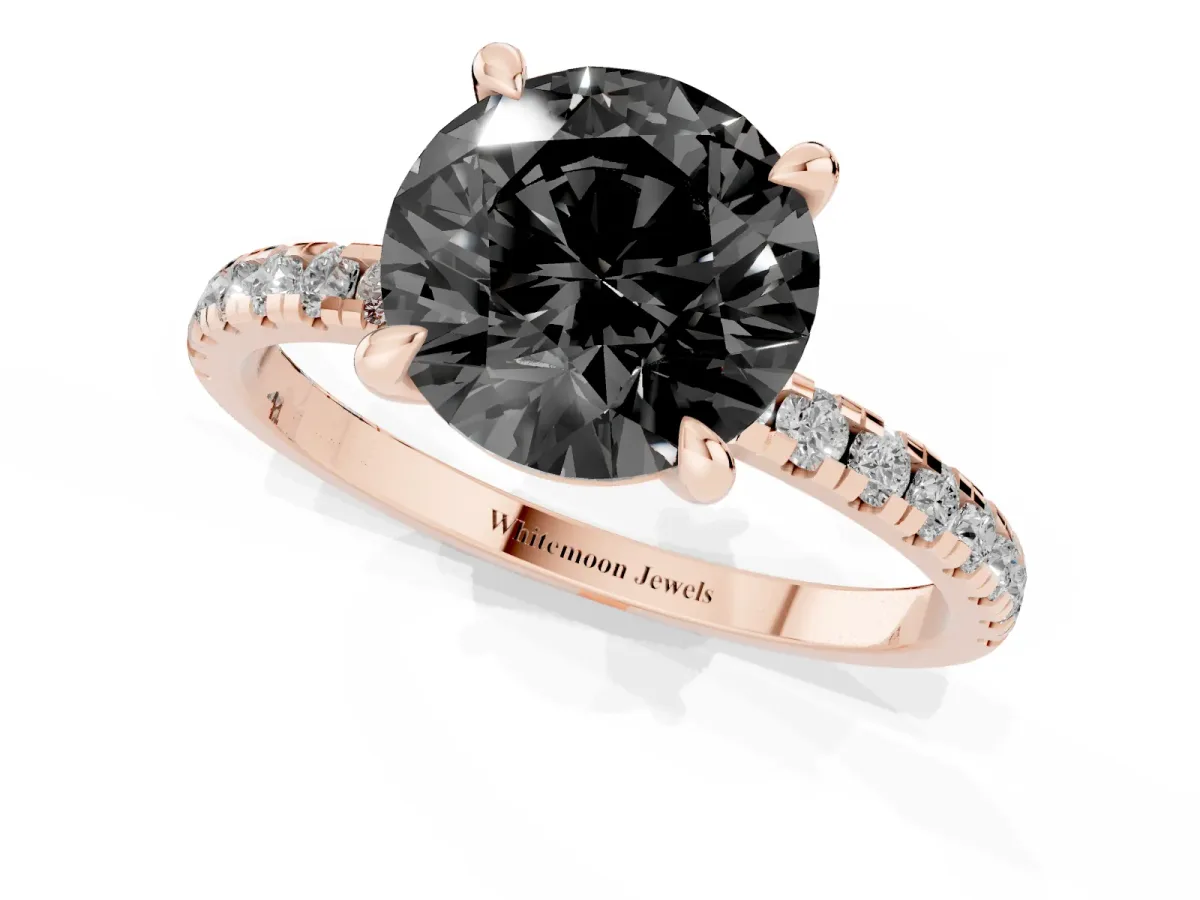 Fancy Black Round Cut Diamond Brilliant Solitaire Ring with Pavé Band and Four-Prong Setting Rose gold