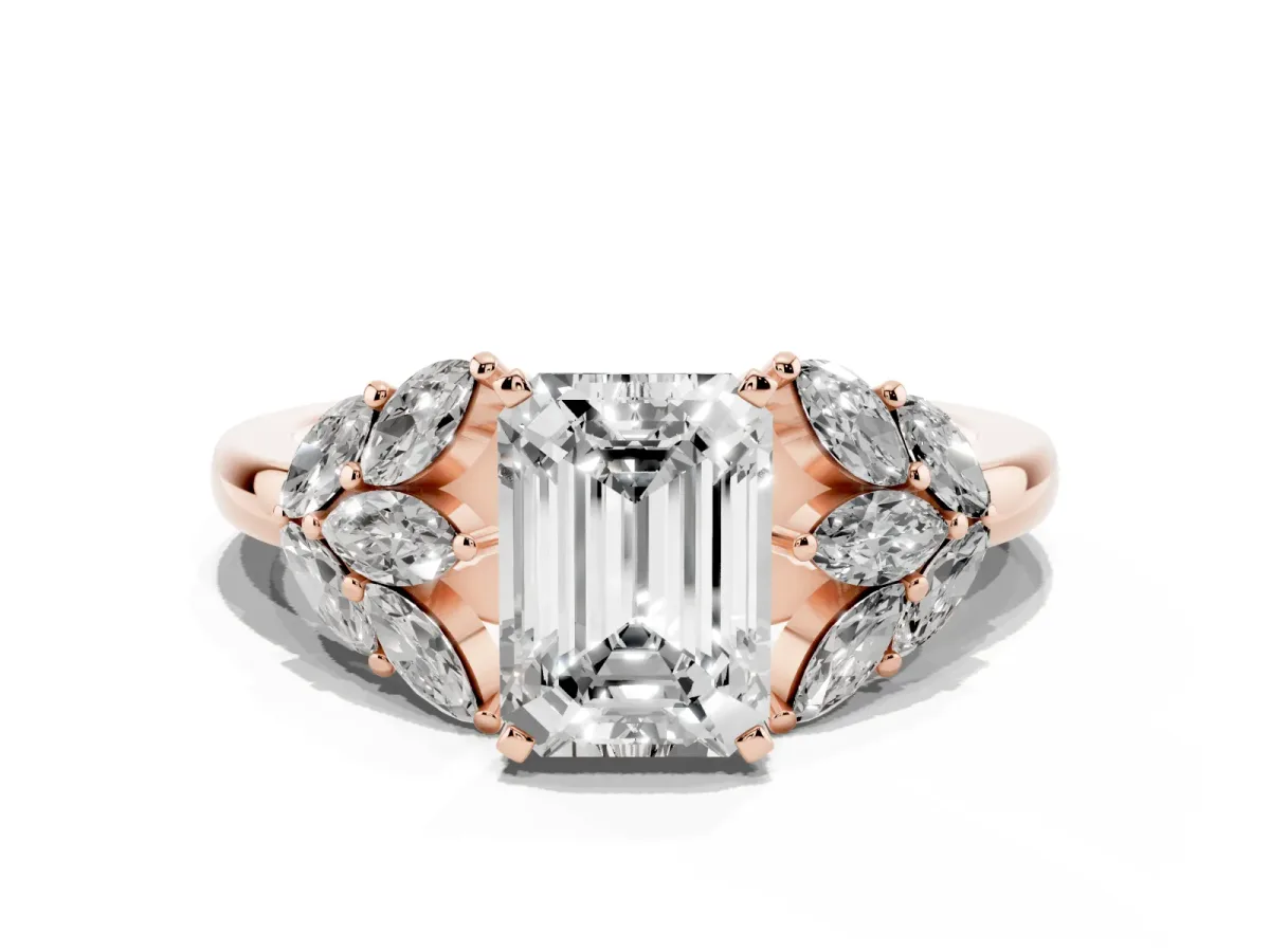 Emerald Cut Diamond Cluster Leaf Design Ring with Prong Setting Rose gold
