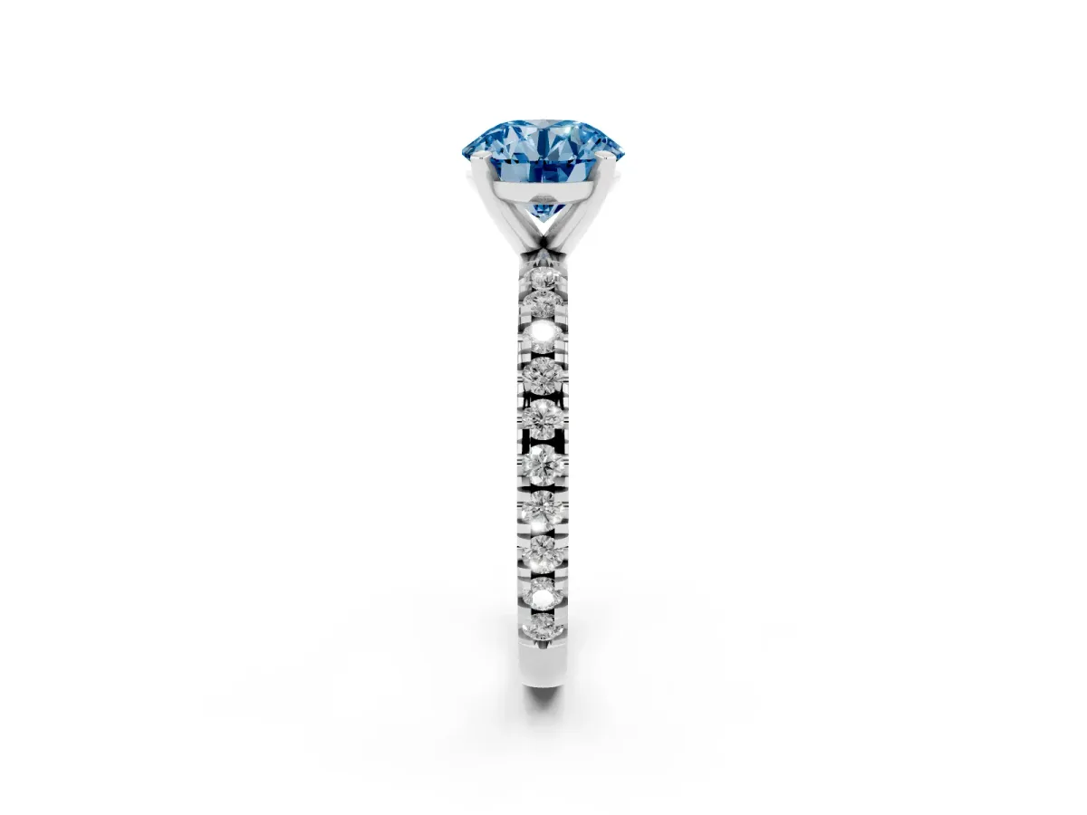 Fancy Blue Round Cut Diamond Pavé Band Solitaire with Four-Prong Setting Platinum