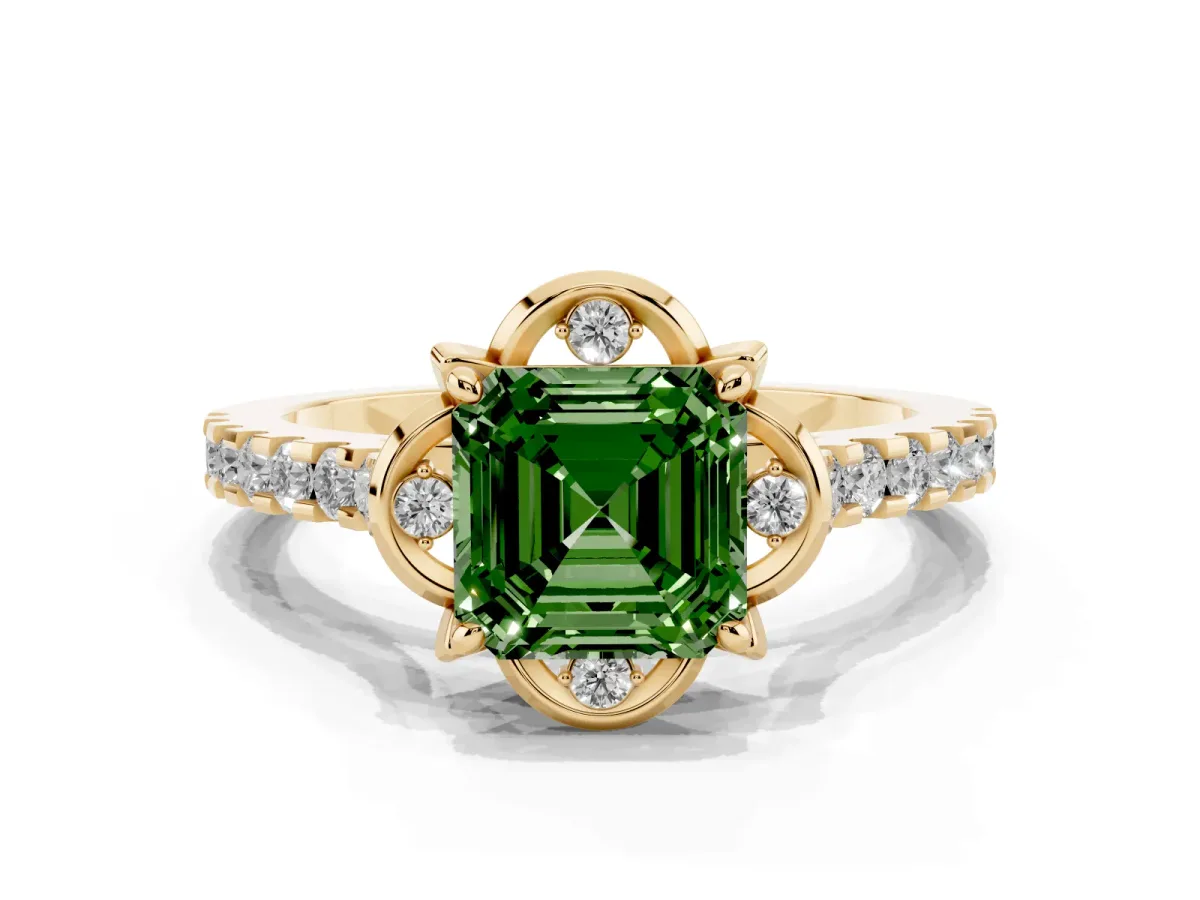 Fancy Green Asscher Cut Diamond Ring with Pavé Band and Floral Prong Setting Yellow gold