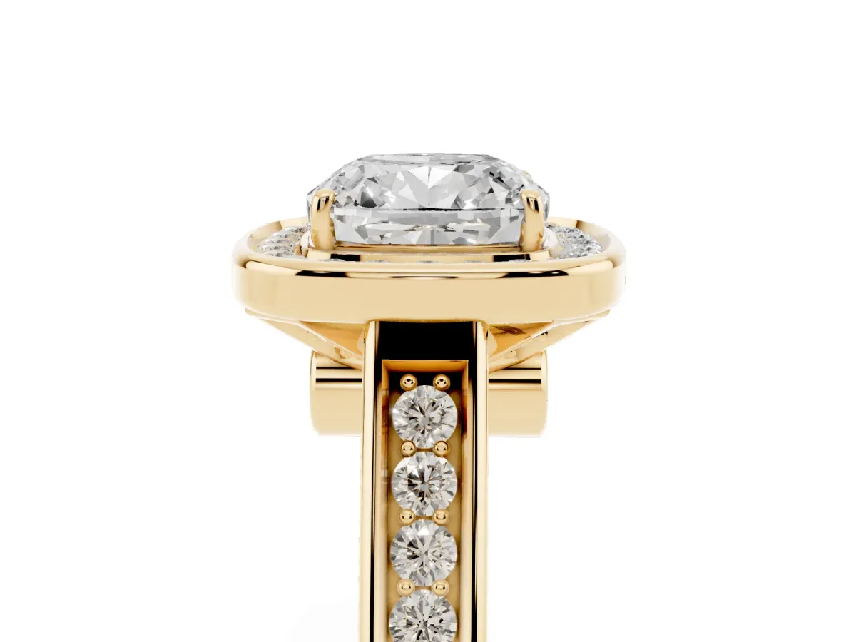 Cushion Cut Halo Solitaire Diamond Ring with Pave Band and Bezel Setting Yellow gold