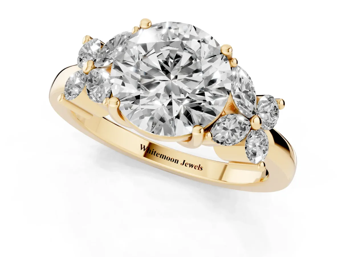 Round Cut Diamond Floral Cluster Ring with Solitaire Band and Prong Setting Yellow gold