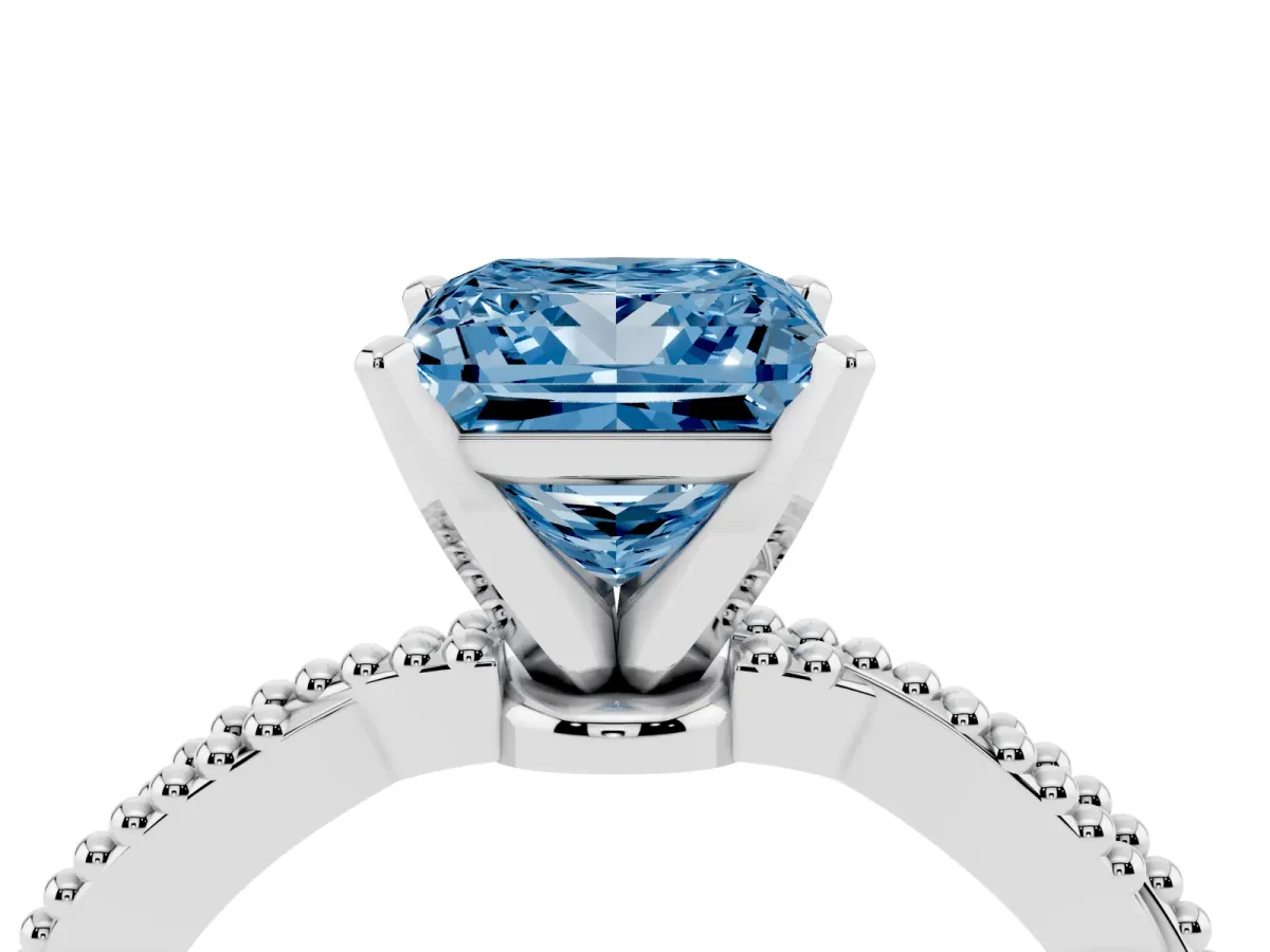 Fancy Blue Princess Cut Solitaire Twisted Band with Bead Prong Setting Silver