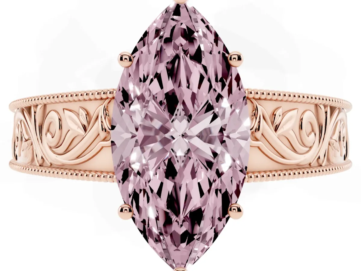 Fancy Pink Marquise Cut Diamond Solitaire Ring with Engraved Band and Four-Prong Setting Rose gold