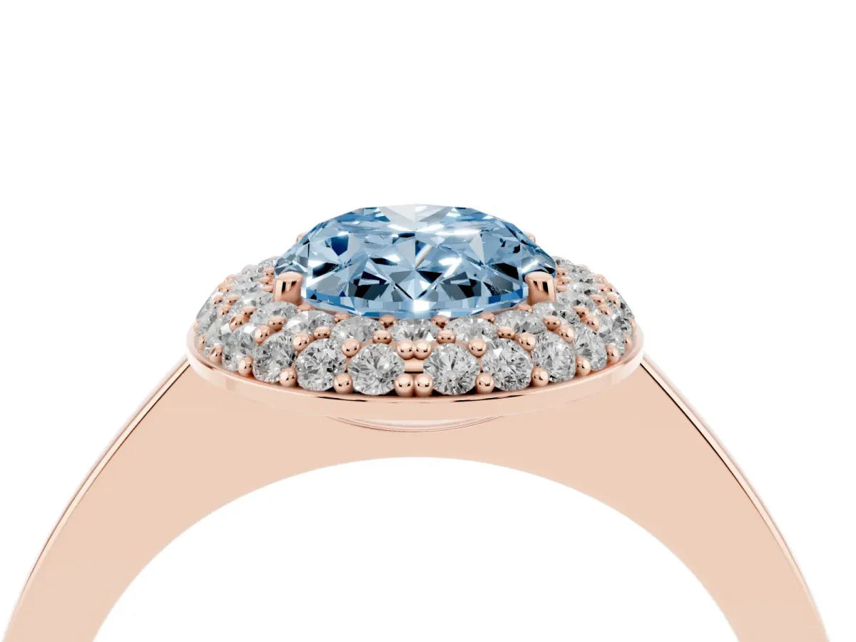 Fancy Blue Oval Cut Halo Diamond Engagement Ring with Solitaire Band and Four-Prong Setting Rose gold