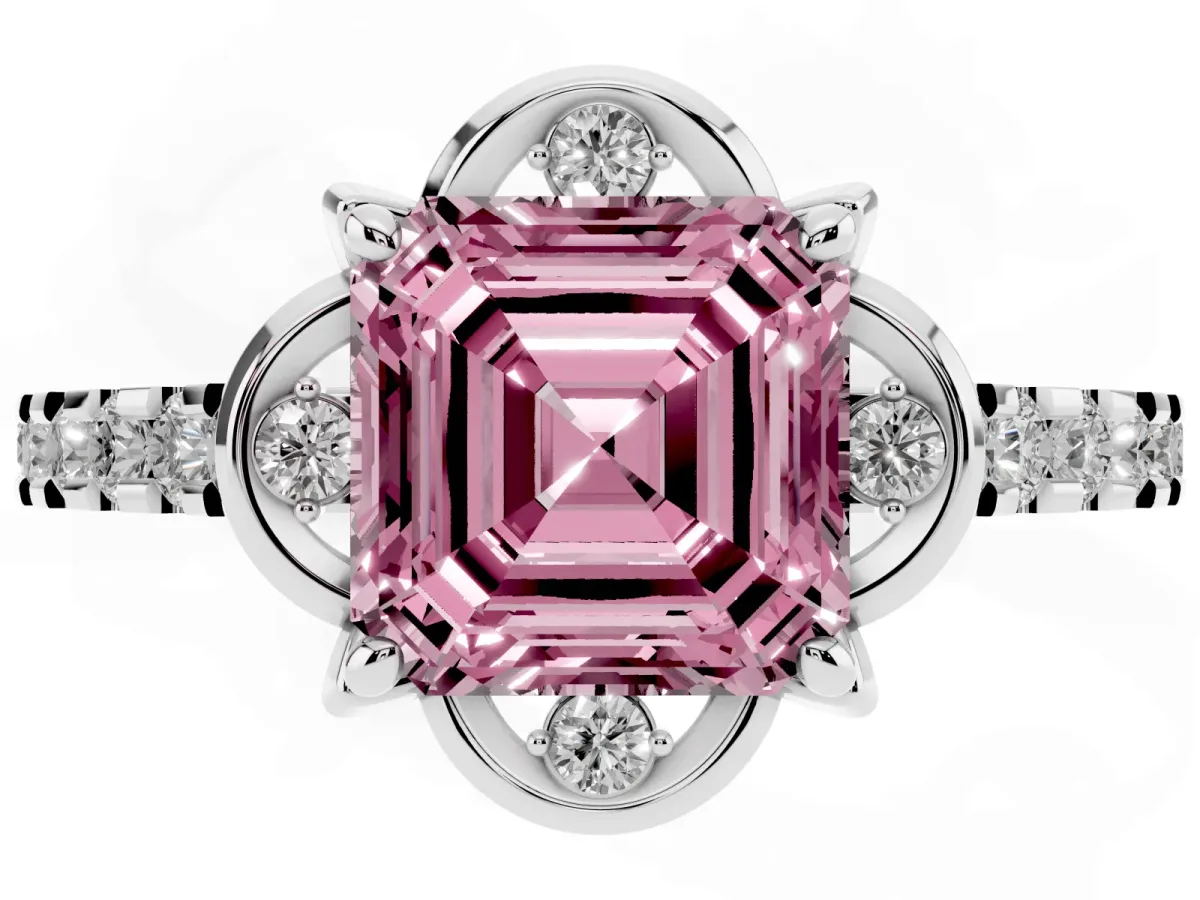 Fancy Pink Asscher Cut Diamond Ring with Pavé Band and Floral Prong Setting Silver