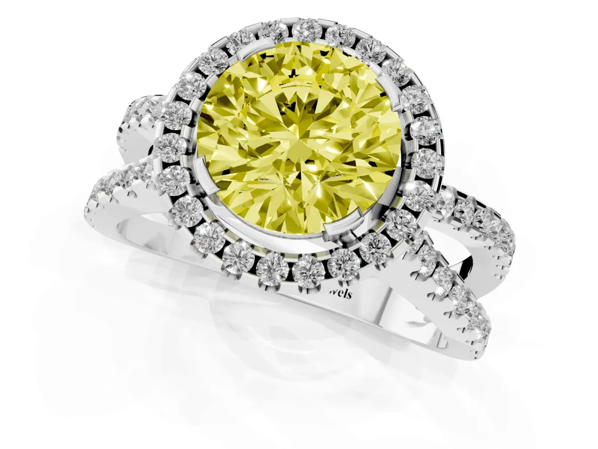 Fancy Yellow Round Cut Diamond Halo Ring with Split Shank Pavé Band and Prong Setting Silver