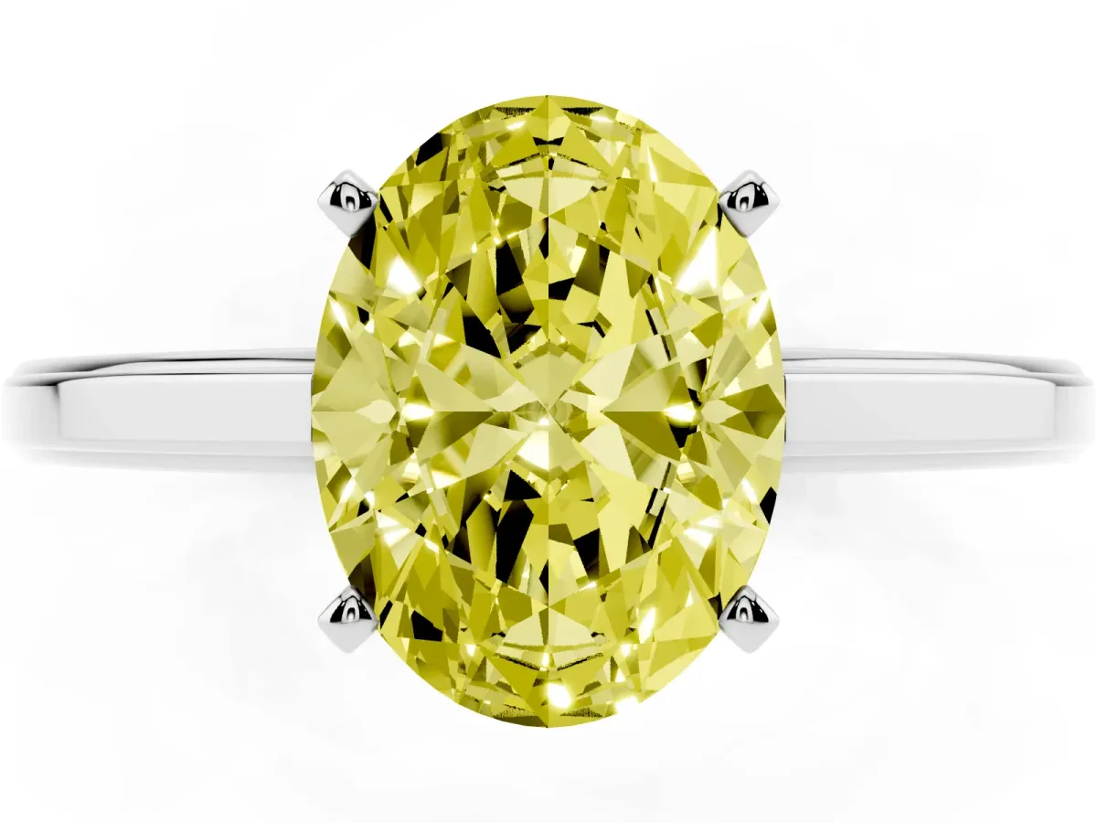 Fancy Yellow Oval Cut Solitaire Diamond Ring with Four-Prong Setting and Classic Band Platinum