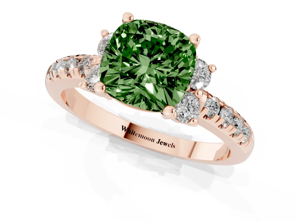 Fancy Green Cushion Cut Diamond Three-Stone Pave Band with Four-Prong Setting Rose gold