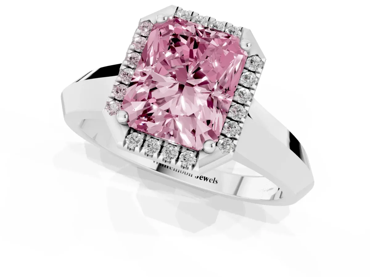 Fancy Pink Radiant Cut Halo Diamond Ring with Cathedral Band and Four-Prong Setting White gold