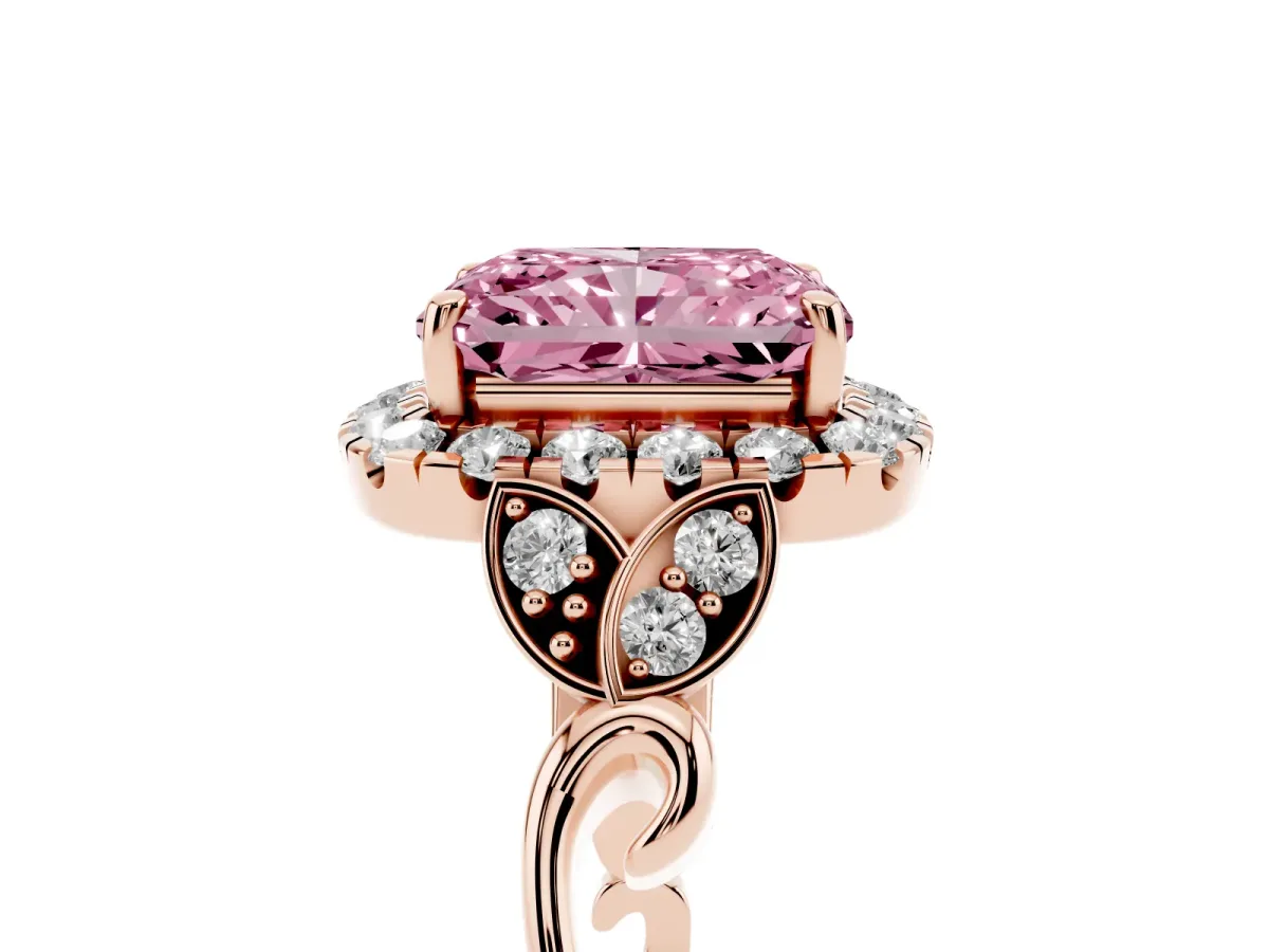 Fancy Pink Radiant Cut Halo Diamond Engagement Ring with Vintage-Inspired Band and Four-Prong Setting Rose gold