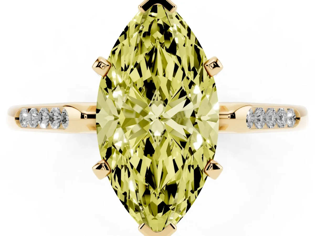 Fancy Yellow Marquise Cut Diamond Solitaire Ring with Channel Set Round Band and Prong Setting Yellow gold
