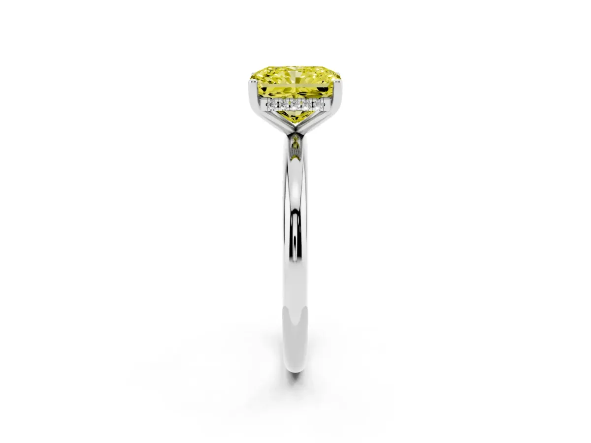 Fancy Yellow Radiant Cut Cut Solitaire Engagement Ring with Four-Prong Setting and Classic Band Silver