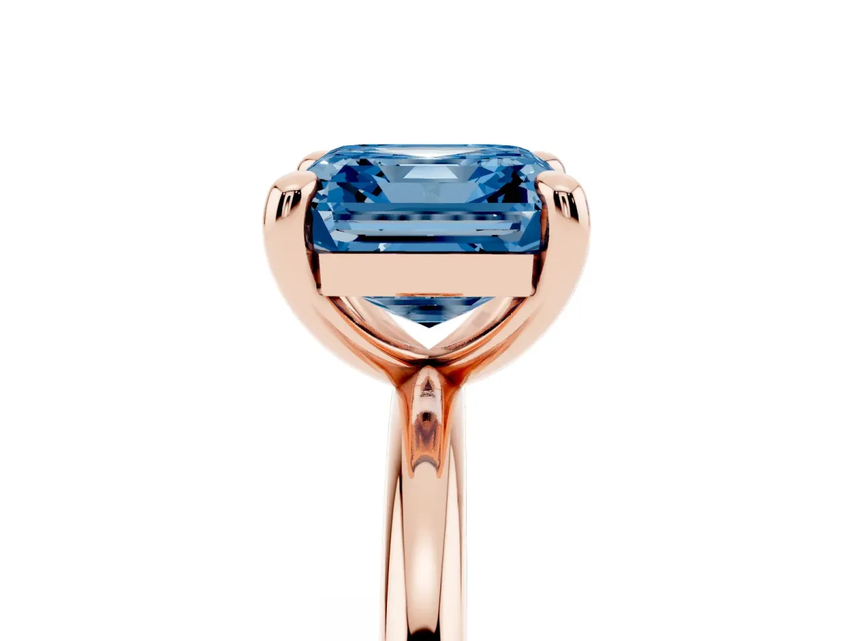 Fancy Blue Asscher Cut Solitaire Diamond Ring with Four-Prong Setting on a Plain Band Rose gold